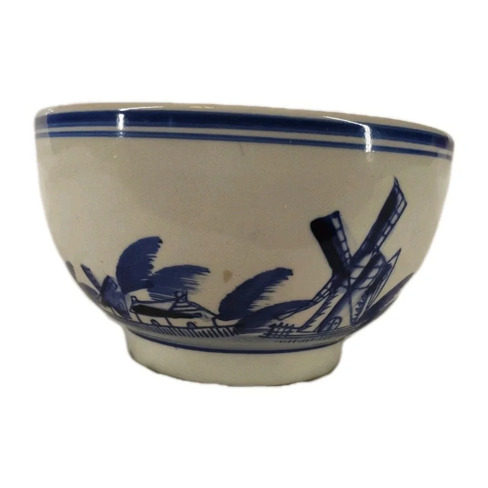 Vintage Delft Style Ceramic Cereal Bowl Blue & Cream Holland Windmills Sailboats